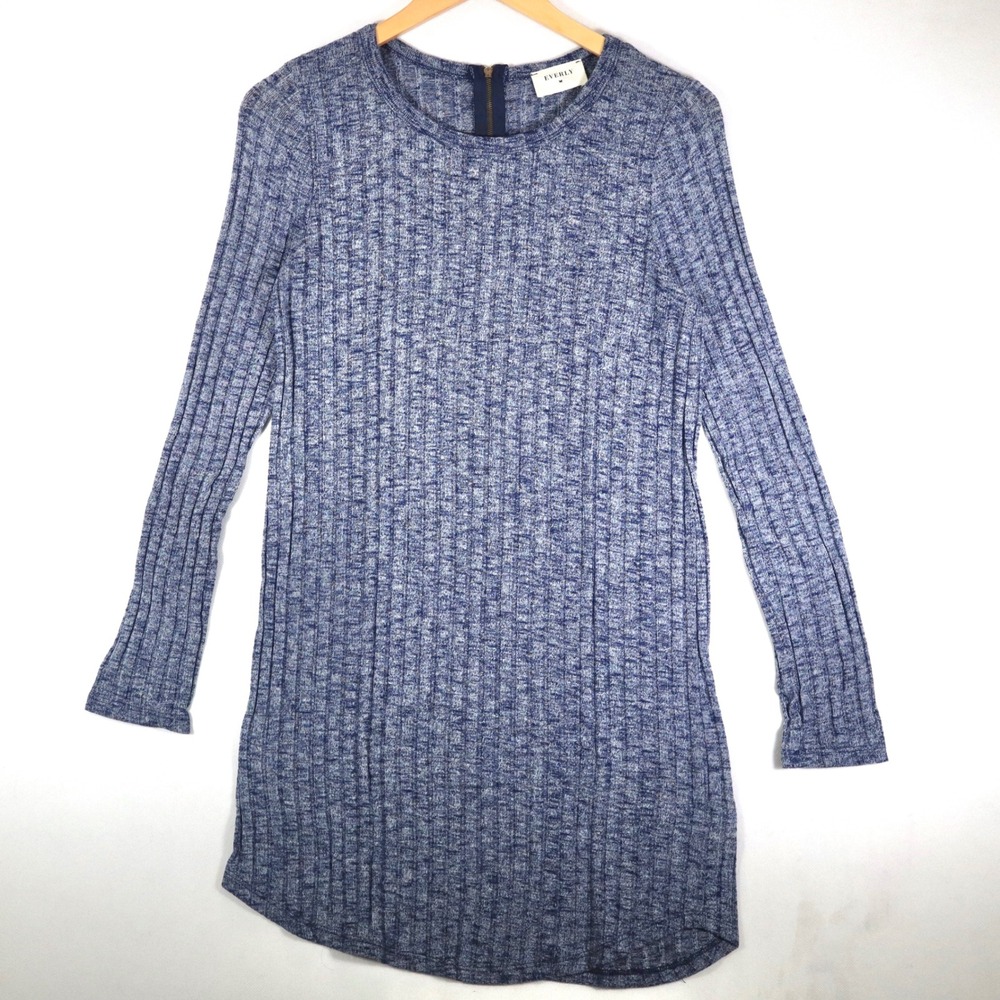 Everly Blue Ribbed Knit Mini Dress Womens M Long Sleeve Fitted Casual Sweater